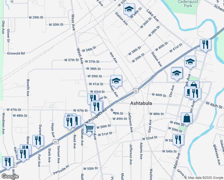 map of restaurants, bars, coffee shops, grocery stores, and more near 923 West 43rd Street in Ashtabula