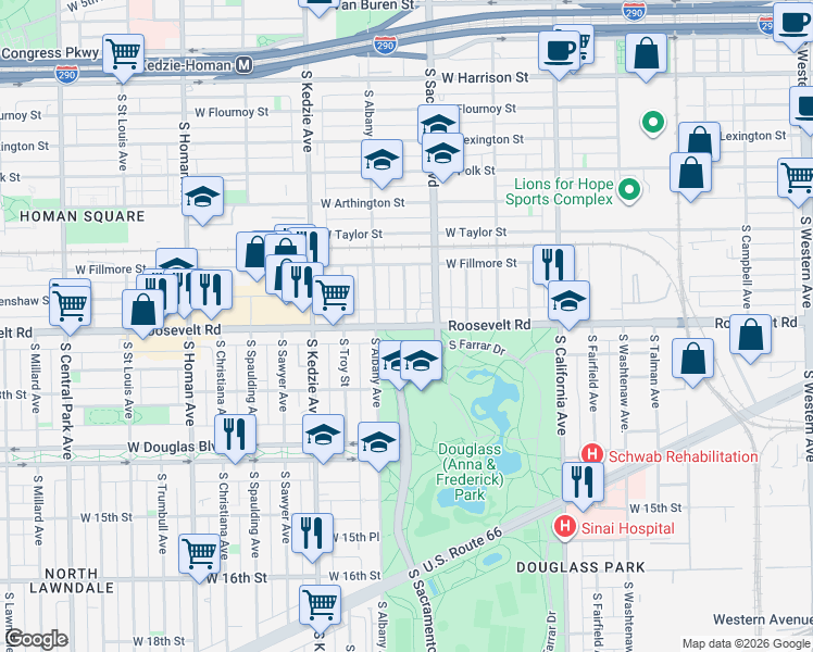 map of restaurants, bars, coffee shops, grocery stores, and more near West Roosevelt Road in Chicago