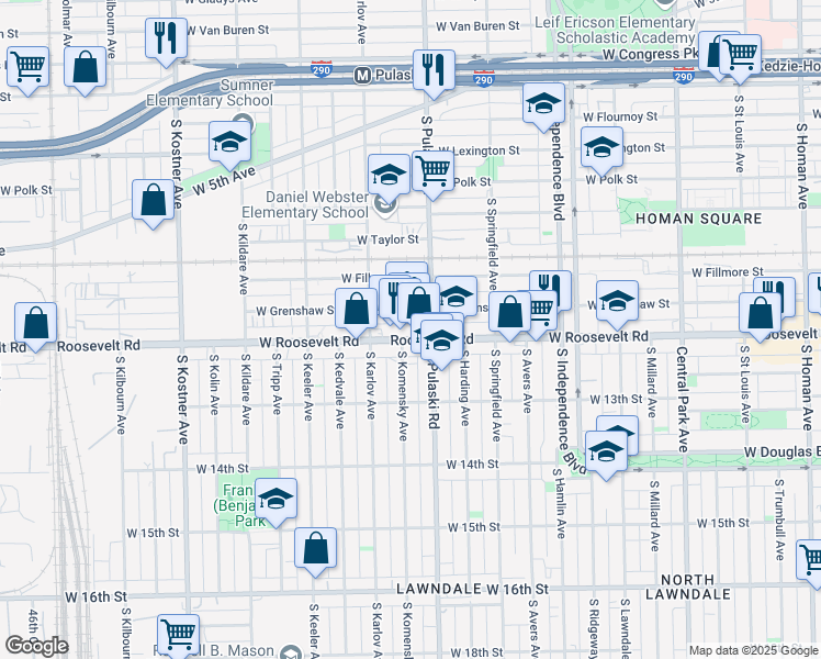 map of restaurants, bars, coffee shops, grocery stores, and more near 4024 West Roosevelt Road in Chicago