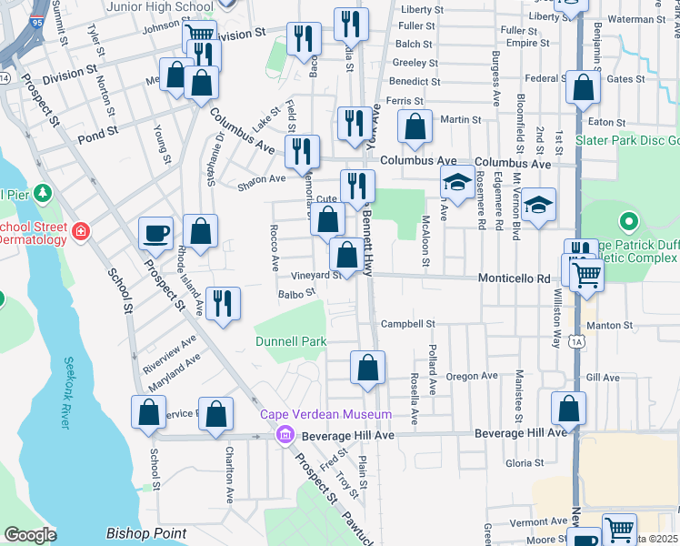 map of restaurants, bars, coffee shops, grocery stores, and more near 80 Vineyard Street in Pawtucket