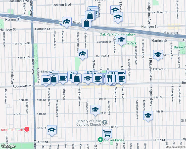 map of restaurants, bars, coffee shops, grocery stores, and more near 1160 South Oak Park Avenue in Oak Park