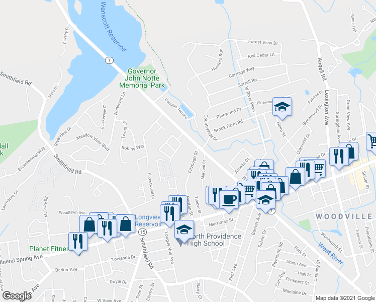 map of restaurants, bars, coffee shops, grocery stores, and more near 1560 Douglas Avenue in Providence