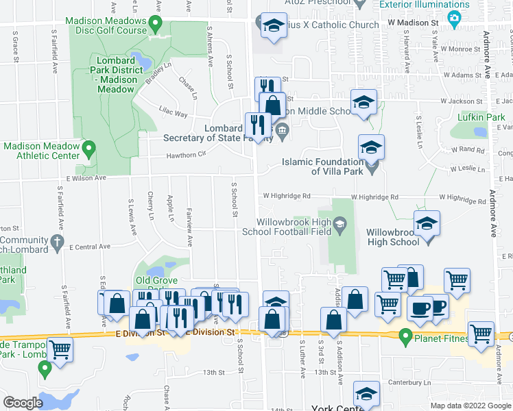map of restaurants, bars, coffee shops, grocery stores, and more near 1033 South Westmore-Meyers Road in Lombard