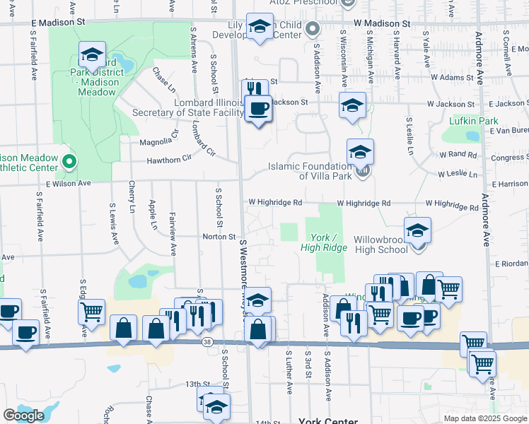 map of restaurants, bars, coffee shops, grocery stores, and more near 1029 South Westmore-Meyers Road in Lombard
