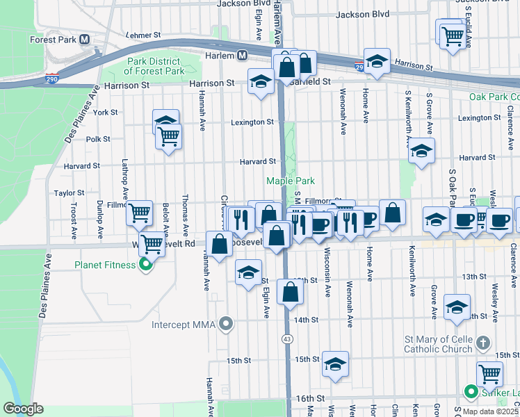 map of restaurants, bars, coffee shops, grocery stores, and more near 1107 Elgin Avenue in Forest Park