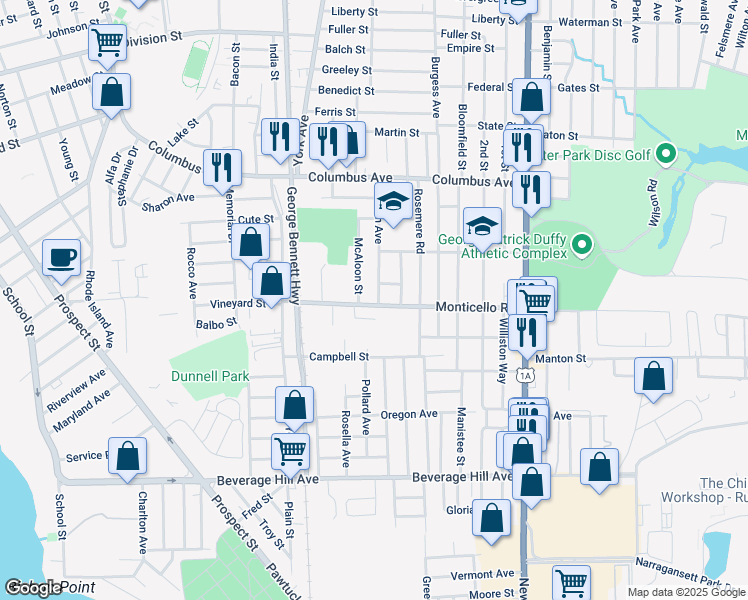map of restaurants, bars, coffee shops, grocery stores, and more near 84 Monticello Road in Pawtucket