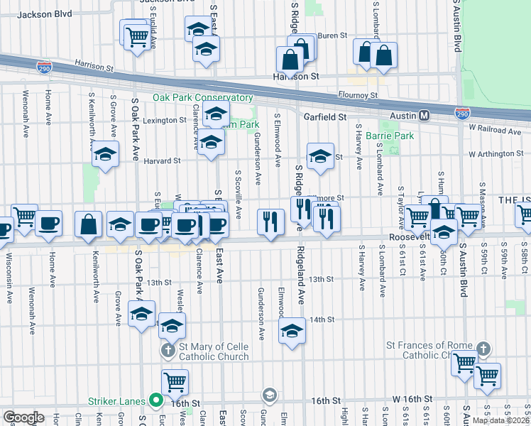 map of restaurants, bars, coffee shops, grocery stores, and more near 1164 Gunderson Ave in Oak Park