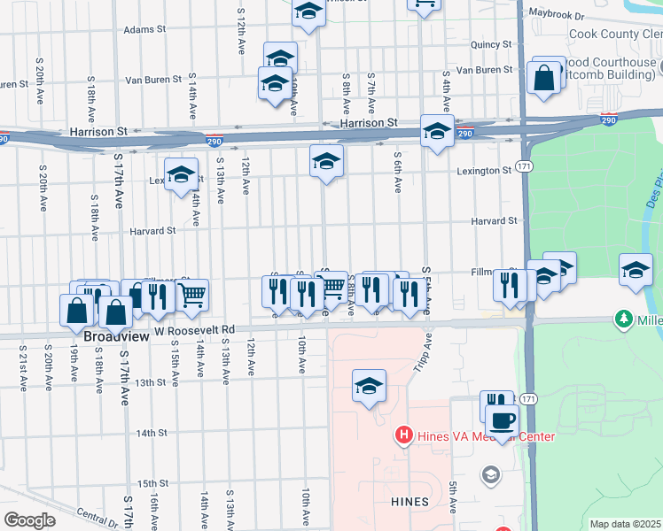 map of restaurants, bars, coffee shops, grocery stores, and more near 2031 South 9th Avenue in Maywood