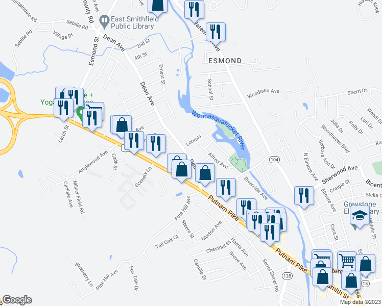 map of restaurants, bars, coffee shops, grocery stores, and more near 37 Dean Avenue in Johnston