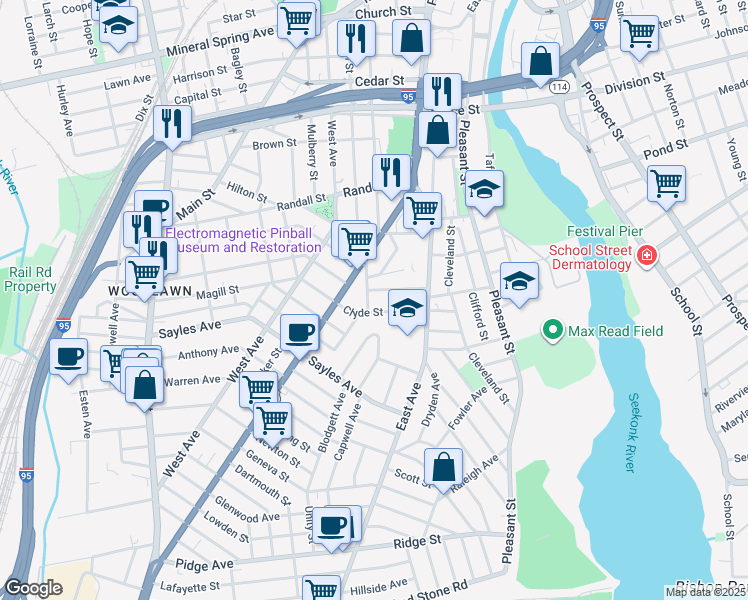 map of restaurants, bars, coffee shops, grocery stores, and more near 42 Waldo Street in Pawtucket
