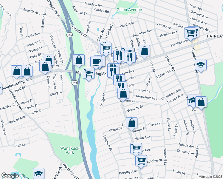 map of restaurants, bars, coffee shops, grocery stores, and more near 187 Obed Avenue in North Providence