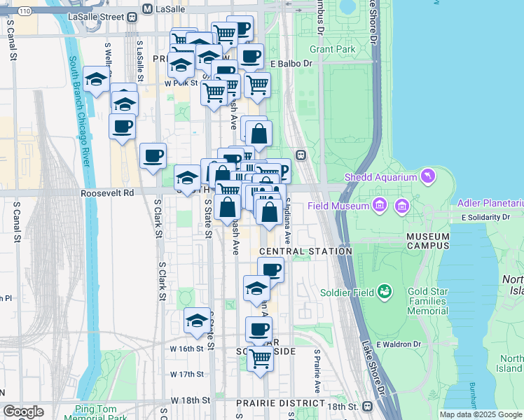 map of restaurants, bars, coffee shops, grocery stores, and more near 1250 South Michigan Avenue in Chicago