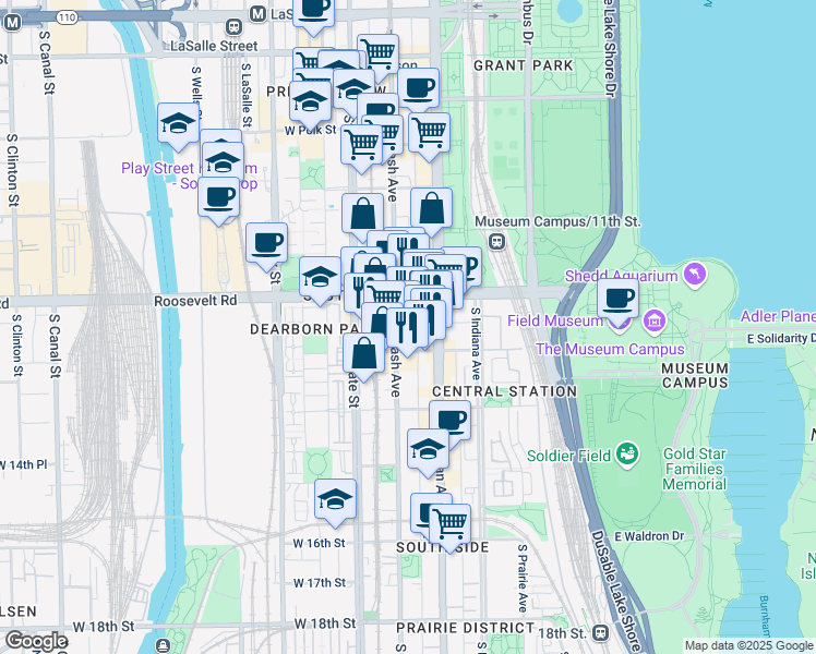 map of restaurants, bars, coffee shops, grocery stores, and more near 1235 South Wabash Avenue in Chicago