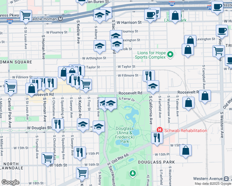 map of restaurants, bars, coffee shops, grocery stores, and more near 2942 West Roosevelt Road in Chicago