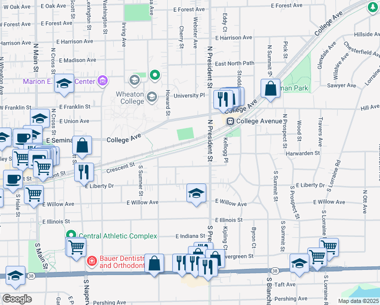 map of restaurants, bars, coffee shops, grocery stores, and more near 820A Crescent Street in Wheaton