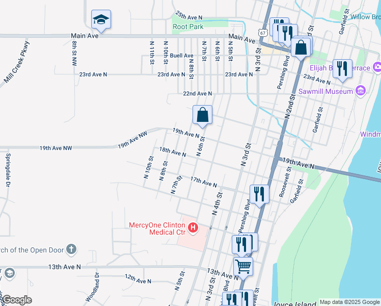 map of restaurants, bars, coffee shops, grocery stores, and more near 1830 North 6th Street in Clinton