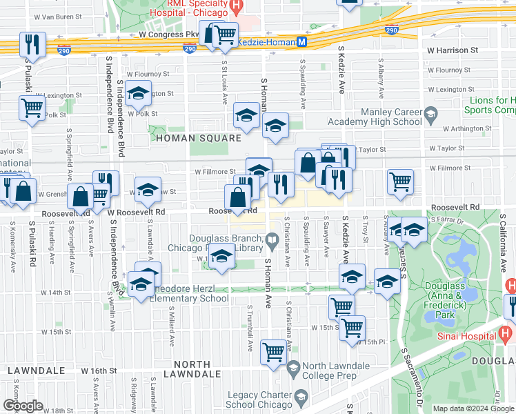 map of restaurants, bars, coffee shops, grocery stores, and more near 3410 West Roosevelt Road in Chicago