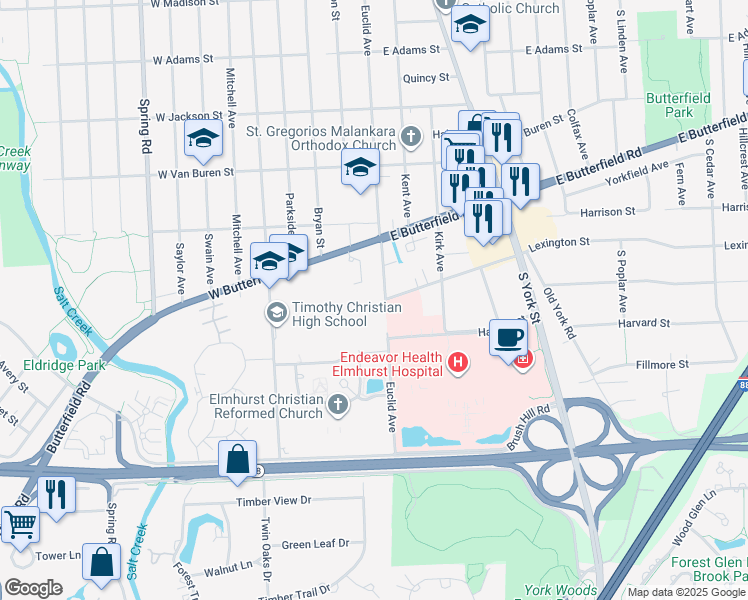 map of restaurants, bars, coffee shops, grocery stores, and more near 110 West Butterfield Road in Elmhurst