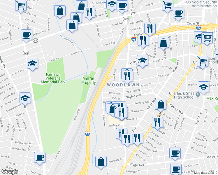 map of restaurants, bars, coffee shops, grocery stores, and more near 157 Sherman Street in Pawtucket