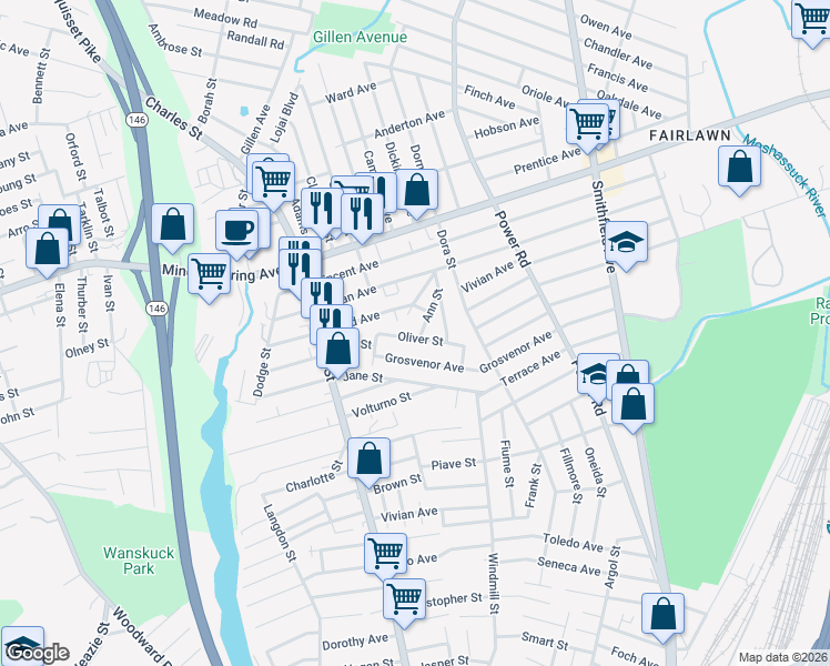 map of restaurants, bars, coffee shops, grocery stores, and more near 121 Ann Street in North Providence