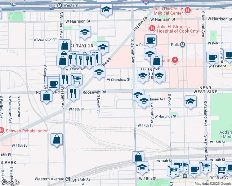 map of restaurants, bars, coffee shops, grocery stores, and more near 2111 West Roosevelt Road in Chicago