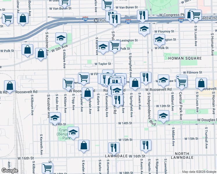map of restaurants, bars, coffee shops, grocery stores, and more near 4024 West Roosevelt Road in Chicago