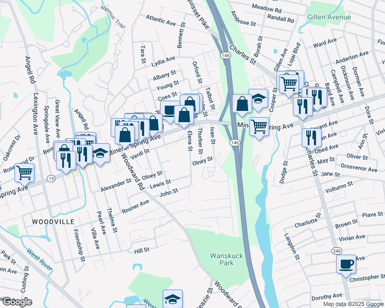 map of restaurants, bars, coffee shops, grocery stores, and more near 52 Elena Street in North Providence