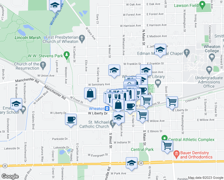 map of restaurants, bars, coffee shops, grocery stores, and more near 207 North West Street in Wheaton