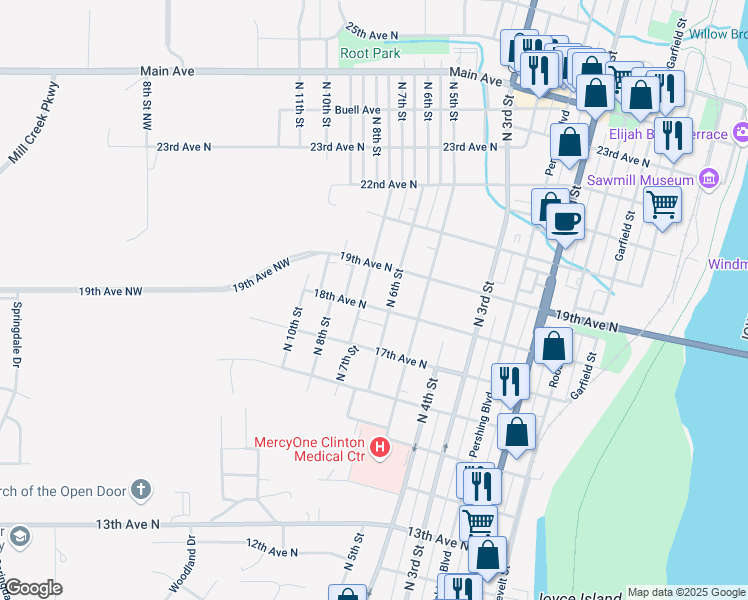 map of restaurants, bars, coffee shops, grocery stores, and more near 1830 North 6th Street in Clinton