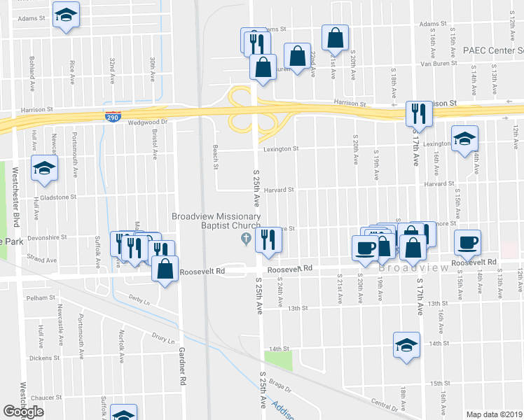 map of restaurants, bars, coffee shops, grocery stores, and more near 2025 South 25th Avenue in Broadview