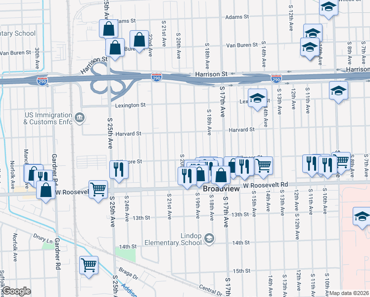 map of restaurants, bars, coffee shops, grocery stores, and more near 2019 South 20th Avenue in Broadview