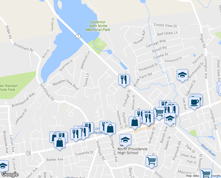 map of restaurants, bars, coffee shops, grocery stores, and more near 16 Marigold Circle in North Providence