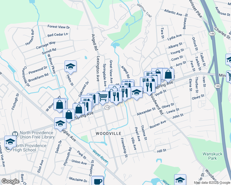 map of restaurants, bars, coffee shops, grocery stores, and more near 48 1/2 Spicer Street in North Providence