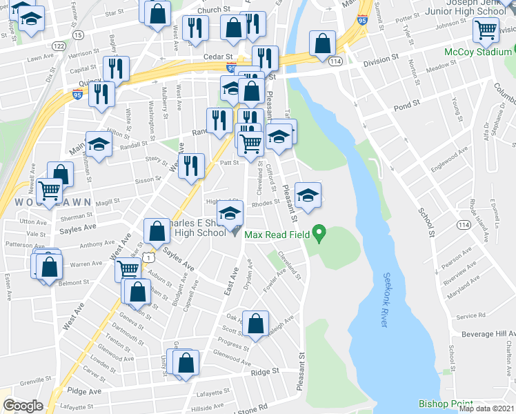 map of restaurants, bars, coffee shops, grocery stores, and more near 60 Rhodes St in Pawtucket