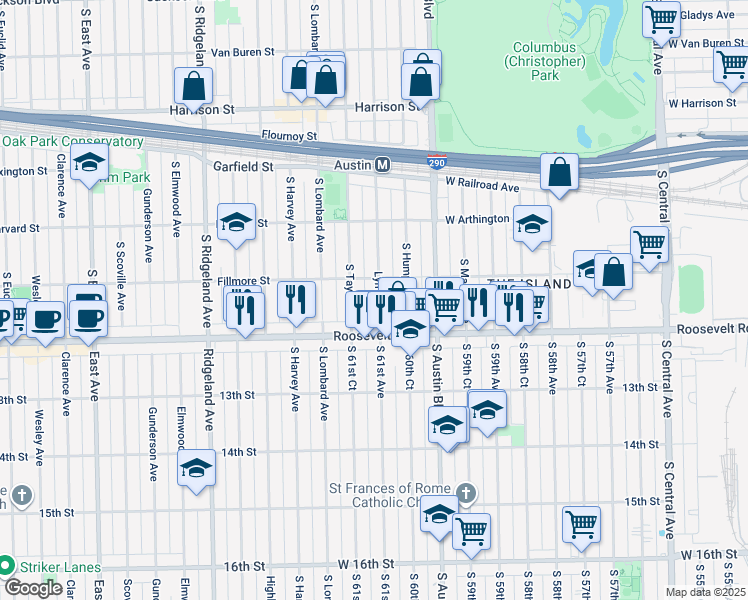 map of restaurants, bars, coffee shops, grocery stores, and more near 1169 Lyman Avenue in Oak Park