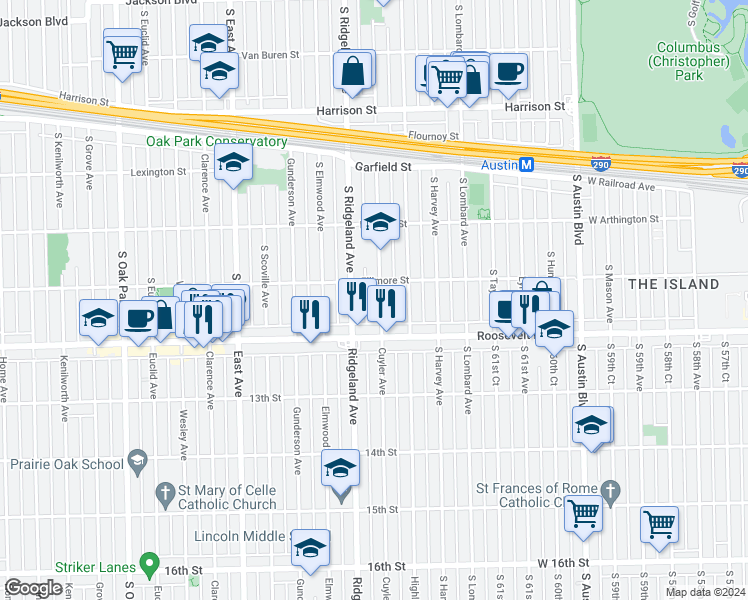 map of restaurants, bars, coffee shops, grocery stores, and more near 1165 Cuyler Avenue in Oak Park