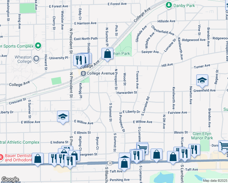 map of restaurants, bars, coffee shops, grocery stores, and more near 202 North Prospect Street in Wheaton