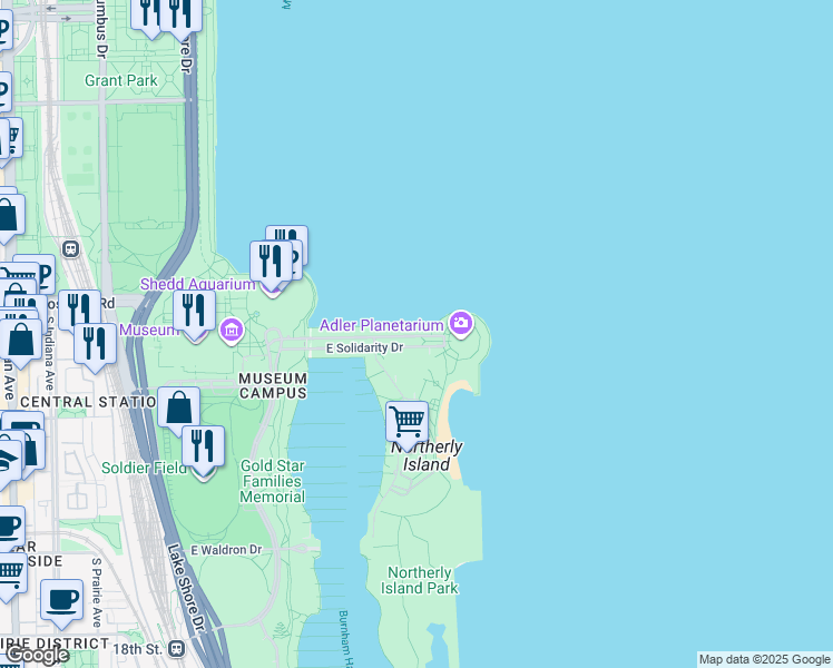 map of restaurants, bars, coffee shops, grocery stores, and more near 507 East Solidarity Drive in Chicago