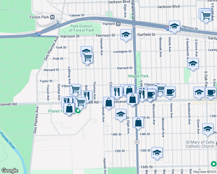map of restaurants, bars, coffee shops, grocery stores, and more near 1103 Circle Avenue in Forest Park