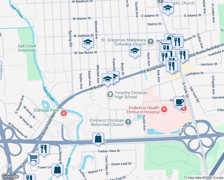 map of restaurants, bars, coffee shops, grocery stores, and more near 188 West Butterfield Road in Elmhurst