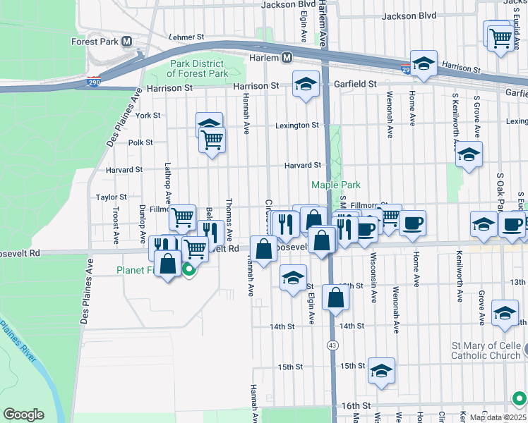 map of restaurants, bars, coffee shops, grocery stores, and more near 1103 Circle Avenue in Forest Park