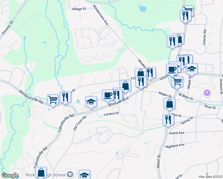 map of restaurants, bars, coffee shops, grocery stores, and more near 22 Burke Road in Vernon