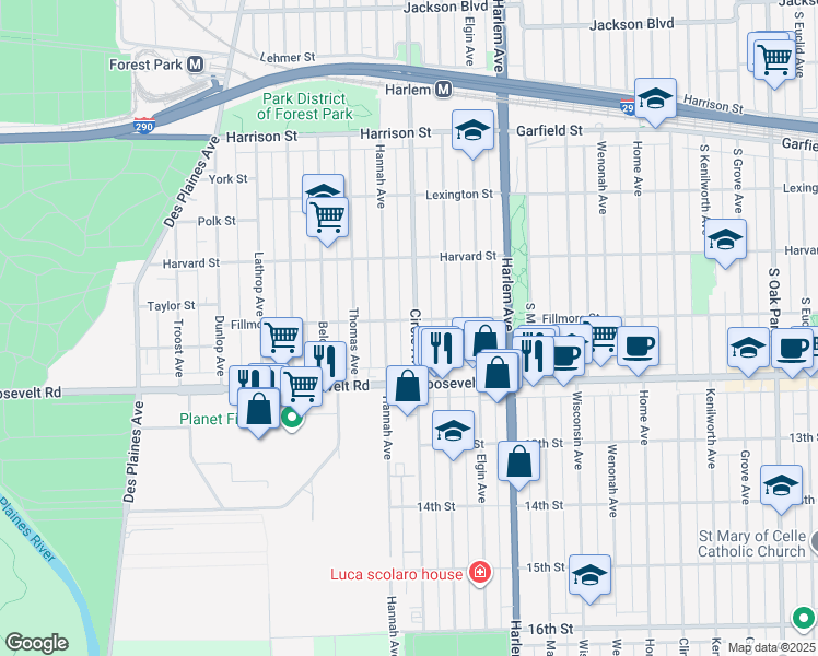 map of restaurants, bars, coffee shops, grocery stores, and more near 1103 Circle Avenue in Forest Park