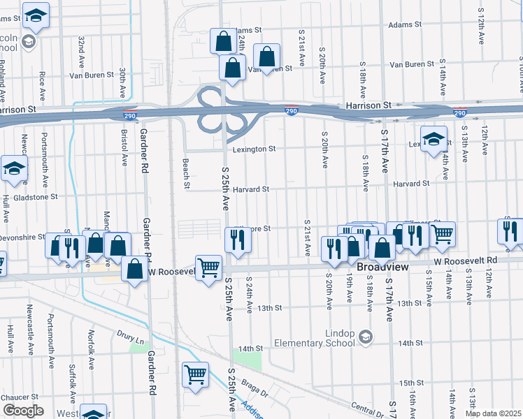 map of restaurants, bars, coffee shops, grocery stores, and more near 2016 South 23rd Avenue in Broadview