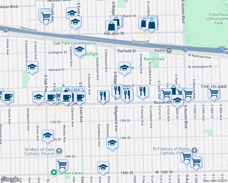 map of restaurants, bars, coffee shops, grocery stores, and more near 1163 South Ridgeland Avenue in Oak Park