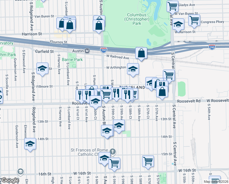 map of restaurants, bars, coffee shops, grocery stores, and more near 1125 South Mason Avenue in Chicago