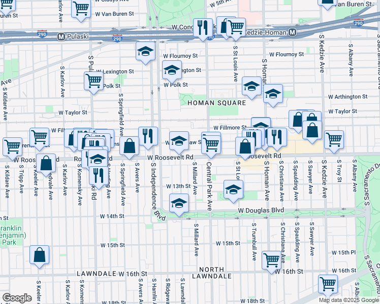 map of restaurants, bars, coffee shops, grocery stores, and more near 3636 Roosevelt Road in Chicago