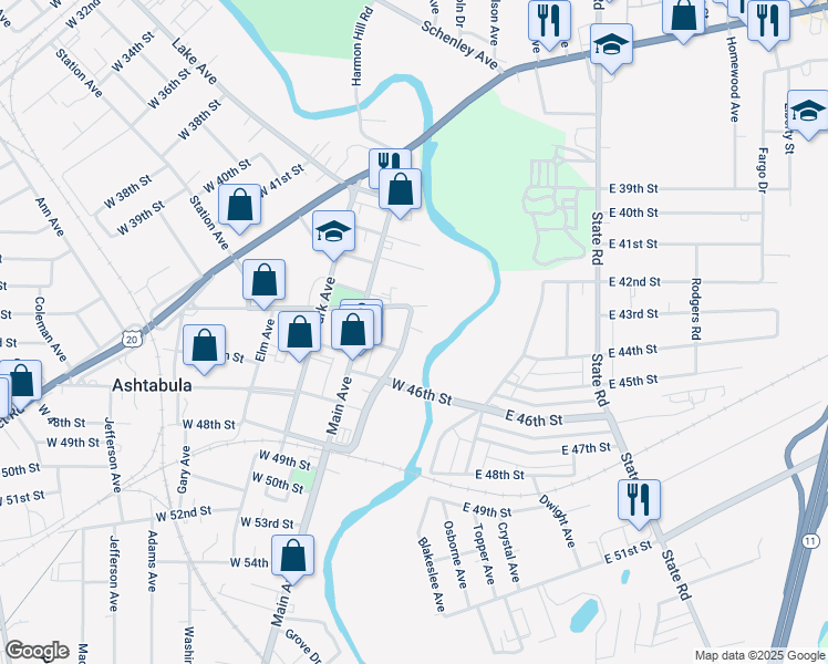 map of restaurants, bars, coffee shops, grocery stores, and more near 4428 Collins Boulevard in Ashtabula