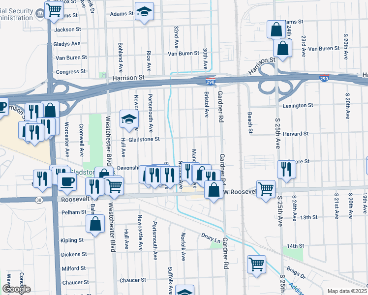 map of restaurants, bars, coffee shops, grocery stores, and more near 923 Norfolk Avenue in Westchester