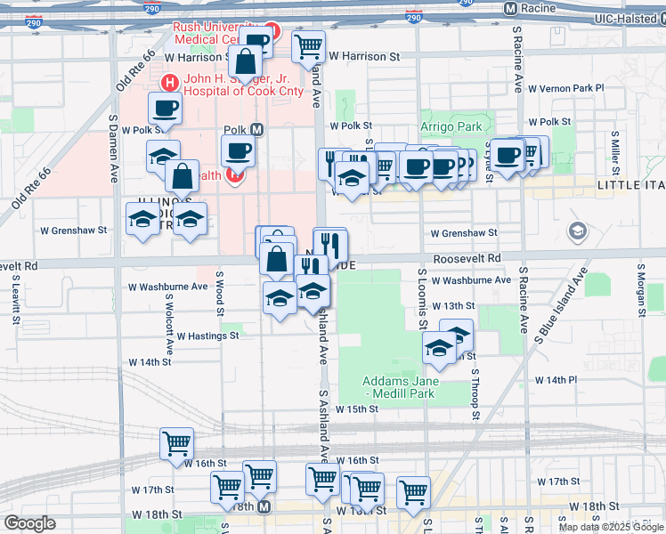 map of restaurants, bars, coffee shops, grocery stores, and more near 1201 South Ashland Avenue in Chicago
